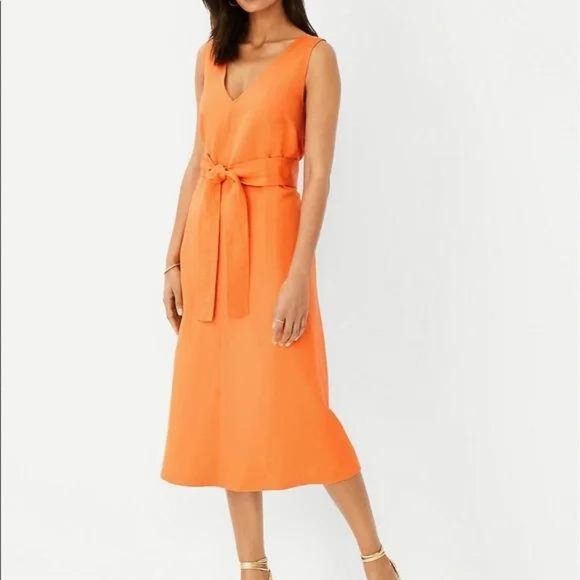 NEW ANN TAYLOR LINEN BLEND SLEEVELESS WRAP MIDI DRESS - Picture 1 of 2